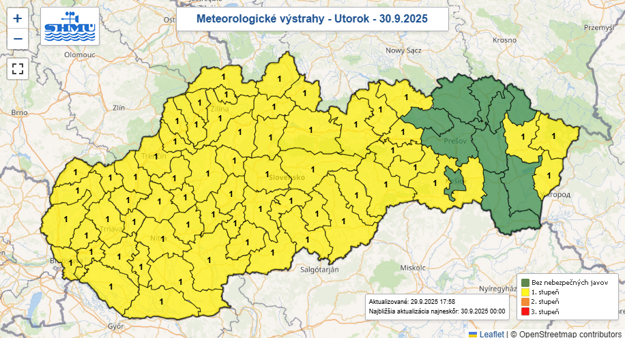Výstrahy pred mrazom na utorok. (zdroj: SHMÚ)
