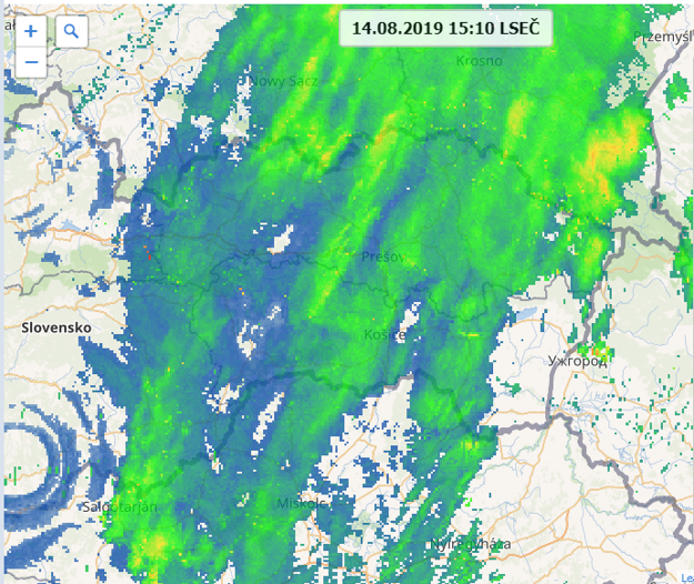 Situácia na východnom Slovensku na radare po 15. hodine, zvyšky zrážok sa presúvajú smerom do Poľska.
