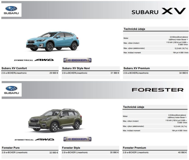 Cenník hybridných modelov Forester a XV