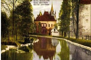 Dobová pohľadnica Mlynského náhonu s Jakabovým palácom v pozadí.