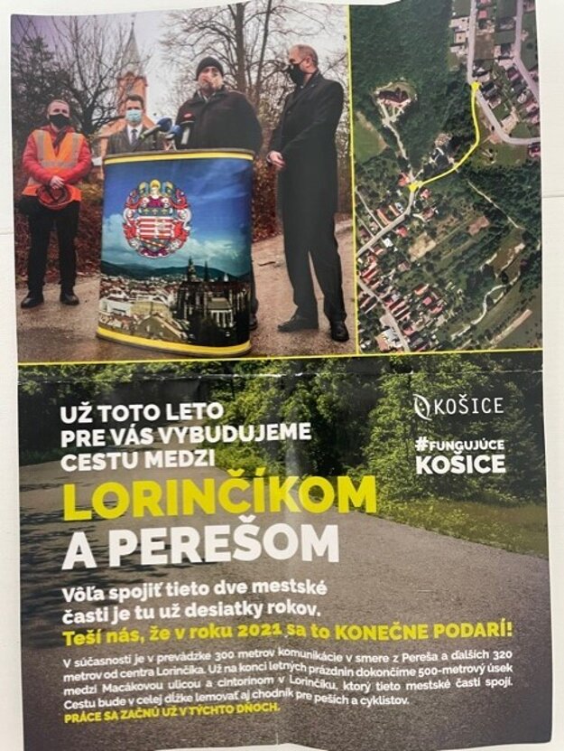 Prepojovacia komunikácia má smerovať z Lorinčíka smerom k Perešu. Podľa letáku sa mal spojiť Lorinčík s Vyšným Lorinčíkom, čo je podľa Karabina nezmysel.