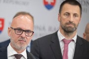 Predseda SaS Branislav Gröhling, v pozadí poslanec Marián Viskupič.