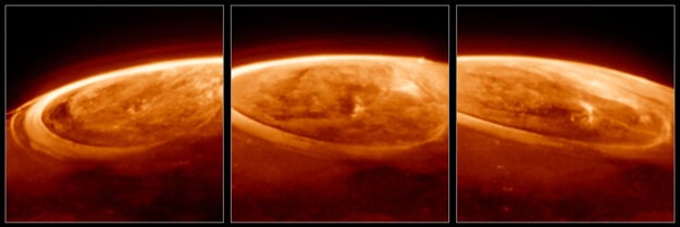 Polárna žiara na Jupiteri v infračervenom spektre. (zdroj: NASA, ESA, CSA, Jonathan Nichols (University of Leicester), Mahdi Zamani (ESA/Webb))