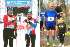 Na snímke vľavo Anton Rajec a Justín Illéš s číslom Jozefa Husárika na Jizerskej 50-ke v roku 2019. Husárik sa už na nej nemohol zúčastniť, lebo krátko predtým v Nemecku zomrel na pretekoch. Na druhej snímke Justín Illéš s päťročným vnukom Maximkom. 