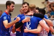 Radosť hráčov Slovenska v zápase G-skupiny kvalifikácie na ME 2026 mužov vo volejbale Slovensko - Lotyšsko. 