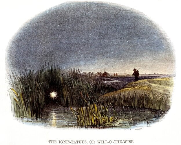 Ilustrácia a úryvok z knihy Prírodné fenomény (Phenomena of Nature) z roku 1849: Na močaristých miestach sa v noci niekedy objavuje svetlo, ktoré sa vznáša nad povrchom a z diaľky pripomína sviečku v okne chalupy. Svetlo je spôsobené vznietením horľavého plynu, ktorý vzniká rozkladom živočíšnych a rastlinných zvyškov v močiaroch a stojatých vodách. Ukázalo sa, že keď sa vlhká pôda odvodní, bludička zmizne. (zdroj: Josiah Wood Whymper/Science Museum, Londýn)