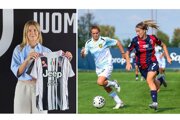 Michaela Martišková po podpise zmluvy do 30. júna 2028 s Juventusom (vľavo) a v drese Bologne, kde je aktuálne na hosťovaní.