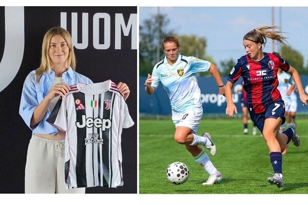 Michaela Martišková po podpise zmluvy do 30. júna 2028 s Juventusom (vľavo) a v drese Bologne, kde je aktuálne na hosťovaní.