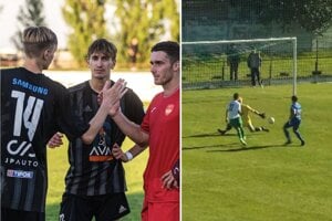 Na ľavej snímke v strede Šimon Kováč z Galanty. Na snímke vpravo víťazný gól Novozámčana Dolníka v 90. minúte. 