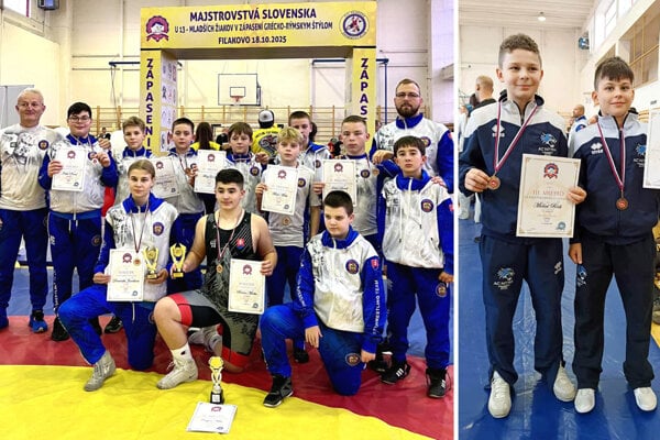 Vľavo výprava ZK Corgoň Nitra, vpravo dvaja medailisti z AC Nitra. 