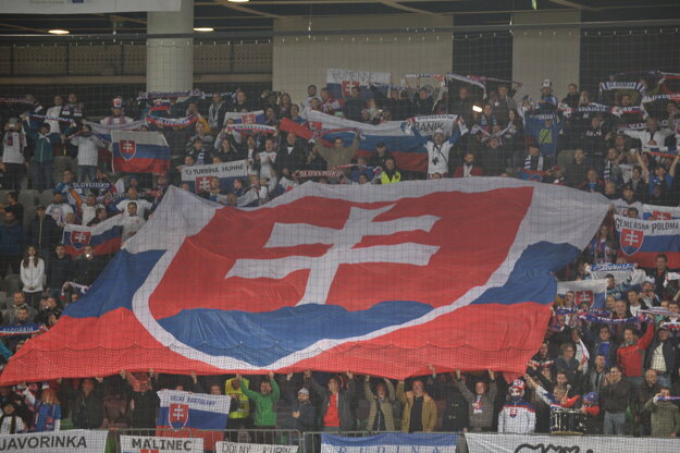 Slovenskí fanúšikovia na slovinskom štadióne.