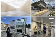 Vľavo hore vizualizácia podchodu po ukončení prác, vľavo dole presklený vstup do podchodu v smere od centra mesta, vpravo hore podchod od mestského parku, ktorý čaká rekonštrukcia.