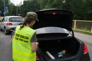 Prehliadka vozidla príslušníčkou poľskej pohraničnej stráže. Ilustračné foto
