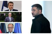 Vpravo ukrajinský prezident Volodymyr Zelenskyj, vľavo lídri krajín Európy Emmanuel Macron (hore), Keir Starmer (v strede) a Friedrich Merz.