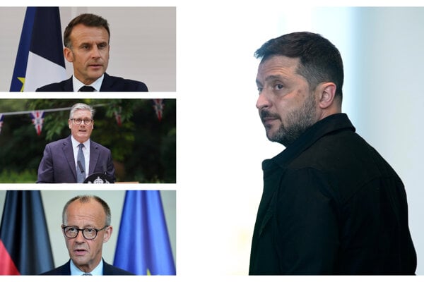 Vpravo ukrajinský prezident Volodymyr Zelenskyj, vľavo lídri krajín Európy Emmanuel Macron (hore), Keir Starmer (v strede) a Friedrich Merz.