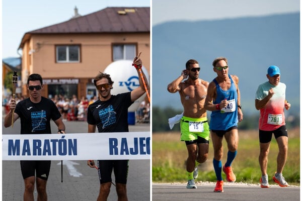 Vľavo slovenskí biatlonisti otvárajú Rajecký maratón, vpravo bežci na trati.