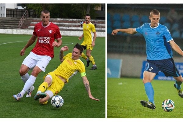 Marián Kolmokov v drese FC Nitra (vpravo) a FC Topoľčany (v červenom)