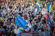 Snímka z protestu, ktorý organizoval Mier Ukrajine.