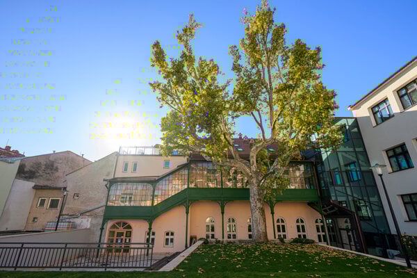 Nádvorie Krajskej knižnice Pavla Országha Hviezdoslava v Prešove.