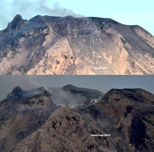 Sopka Sinabung pred a po výbuchu.