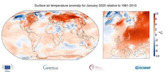 Nezvyčajne teplý január 2020 v porovnaní s obdobím medzi rokmi 1981 až 2010.