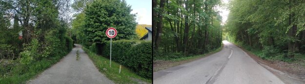 Vľavo je prístupová cesta k chatám, ktorú vlastnia štátne lesy. Vpravo cesta tretej triedy, na ktorú sa vychádza z chatovej oblasti. (zdroj: Korzár/Lenka Haniková)