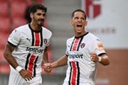 Radosť hráčov Trnavy po strelení gólu, zľava Roko Jureškin a Jakub Paur počas 1. kola Niké ligy medzi FC Spartak Trnava a MFK Ružomberok