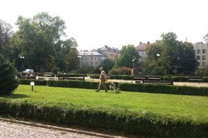 Pred budovou sa prechádzal policajt so psom.