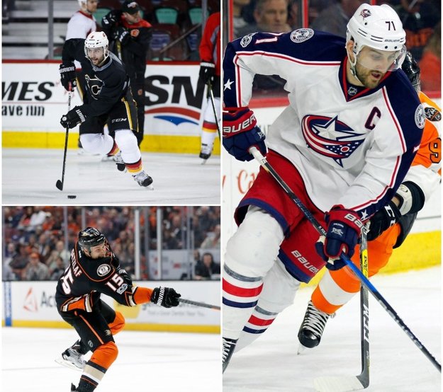Nick Foligno z Columbusu (vpravo), Mark Giordano z Calgary (vľavo hore) a Ryan Getzlaf z Anaheimu sa dostali do záverečnej nominácie na Cenu Marka Messiera.