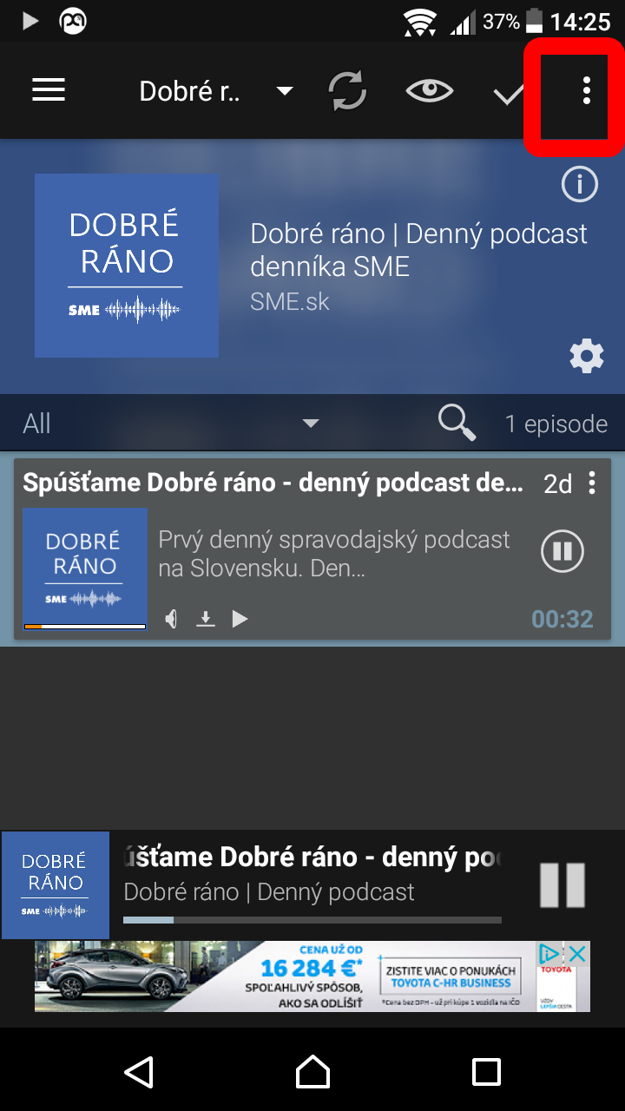Epizóda sa stiahnete a môžete ju začať prehrávať. Ak si chcete nastaviť automatické sťahovanie, ťuknite na tri bodky v pravom hornom roku obrazovky (zdroj: SME)