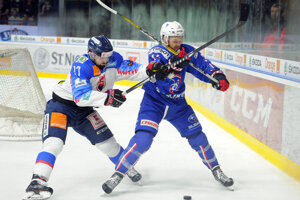 Dávid Buc zo Slovenska a Stephane Da Costa z Francúzska počas medzištátneho prípravného zápasu Euro Hockey Challenge medzi Slovensko - Francúzsko. Piešťany, 28. apríl 2018