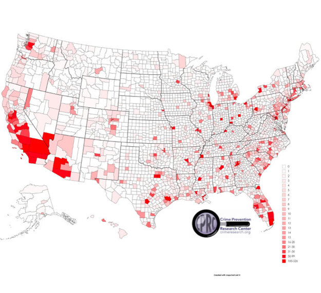Mapa USA podľa vrážd a úmyselných zabití v roku 2014.
