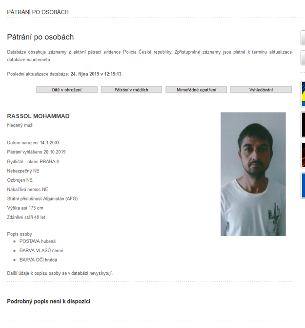 Hľadaný Rassol. Uvádzaný vek 16 rokov, výzor štyridsiatnika.