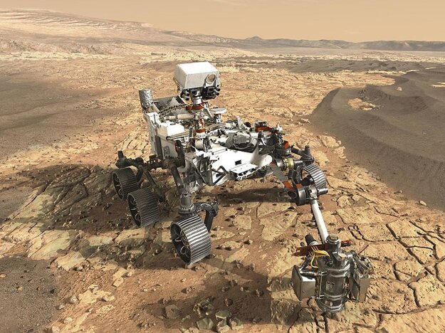 Vizualizácia roveru Mars 2020 na Marse.