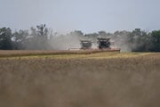 Kombajn počas žatvy na poľnohospodárskom družstve Agro Voderady v Slovenskej Novej Vsi.