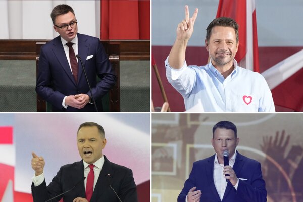Štyria kandidáti s najvyššou podporou pre prezidentskými voľbami v Poľsku. Vľavo hore predseda parlamentu Szymon Hołownia, vpravo hore liberálny starosta Varšavy Rafał Trzaskowski, vľavo dole konzervatívny nacionalista Karol Nawrocki a Sławomir Mentzen.