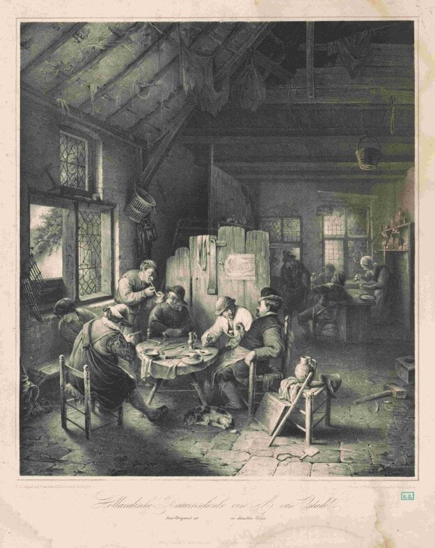 Reálie holandskej sedliackej krčmy, litografia z roku 1836. Autori: Carl Pohl, Adriaen van Ostade, Franz Seraph Hanfstaengl. (zdroj: WEBUMENIA.SK (INV. Č. G1140) / GALÉRIA UMENIA ERNESTA ZMETÁKA)
