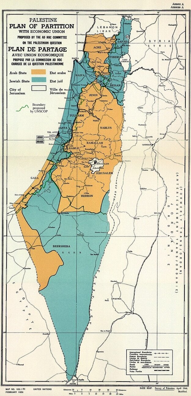 Navrhnuté hranice štátu Izrael a Palestína na základe rezolúciu OSN z roku 1947.  (zdroj: OSN/CC)