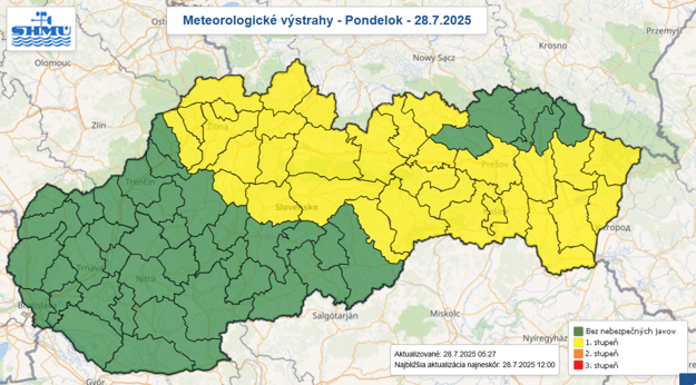 Výstraha platí v pondelok aj pre východné Slovensko. (zdroj: SHMÚ)
