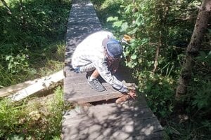 Pracovníci Správy Tatranského národného parku na chodníku upevňujú konštrukcie a spevňujú niektoré časti vrutmi.