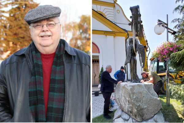 Vľavo Thomas Klimek Ward, vpravo správca farnosti Rudolf Pitoňák (vľavo) a umelec Miroslav Mlkvík (vpravo) pri osádzaní sochy.