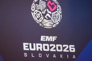 Logo ME 2026 počas tlačovej konferencie k organizovaniu ME v malom futbale na Slovensku.