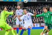 Na snímke zľava Martin Dúbravka,  Milan Škriniar, Ľubomír Šatka a Dion Charles.