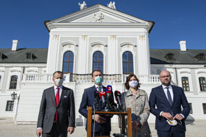 The representatives of the future coalition parties (l-r): Boris Kollár of Sme Rodina, Igor Matovič of OĽaNO, Veronika Remišová of Za Ľudí and Richard Sulík of SaS