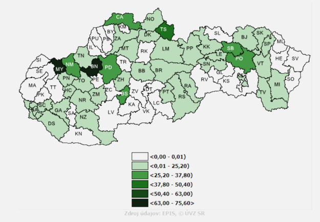 July 2020: Occurrence of COVID-19 positive cases per 100,000 inhabitants. Districts where the people who tested positive got infected. The infection was not spreading in 31 districts of Slovakia.