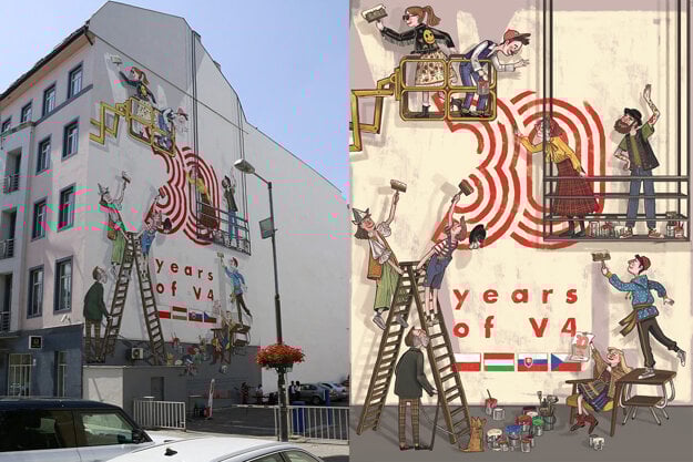 A mural is painted on a building at 3 Gorkého Street in Bratislava on the occasion of the creation of the Visegrad Group 30 years ago and the Polish Presidency, which ended on June 30. The same mural can be found in Prague, Budapest, and Warsaw.