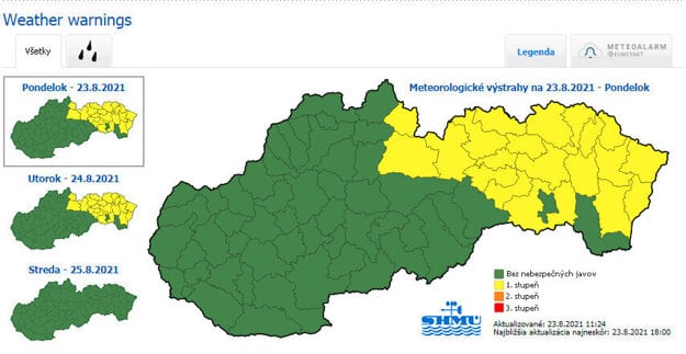 SHMÚ warnings against rainfall for August 23-24, 2021.