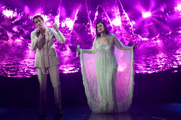 Hosts of the Eurovision Song Contest Laura Pausini, right, and Mika perform during the second semi final at the Eurovision Song Contest in Turin, Italy, on May 12, 2022.