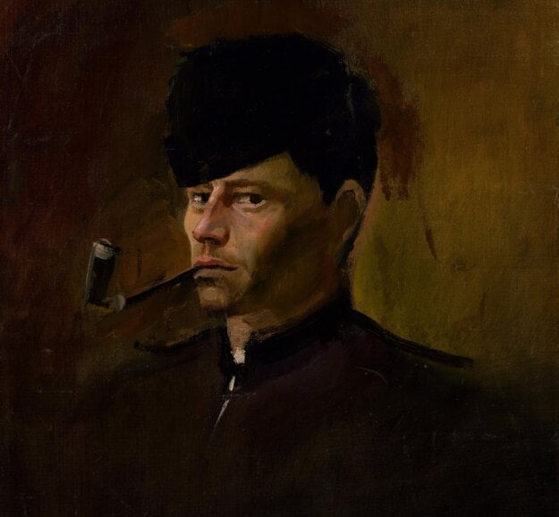 Dandy in fur hat with pipe. (1877-80)