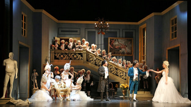 Ivan Zvarík (Don Pasquale), Martin Popovič (Malatesta), Dušan Šimo (Ernesto), Michaela Popik Kušteková (Norina) in Don Pasquale in State Opera Banská Bystrica